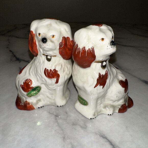 RARE PAIR STICKERED Brwn SPOTTED Beswick Staffordshire Dogs King Charles 1738-7 - Picture 1 of 13